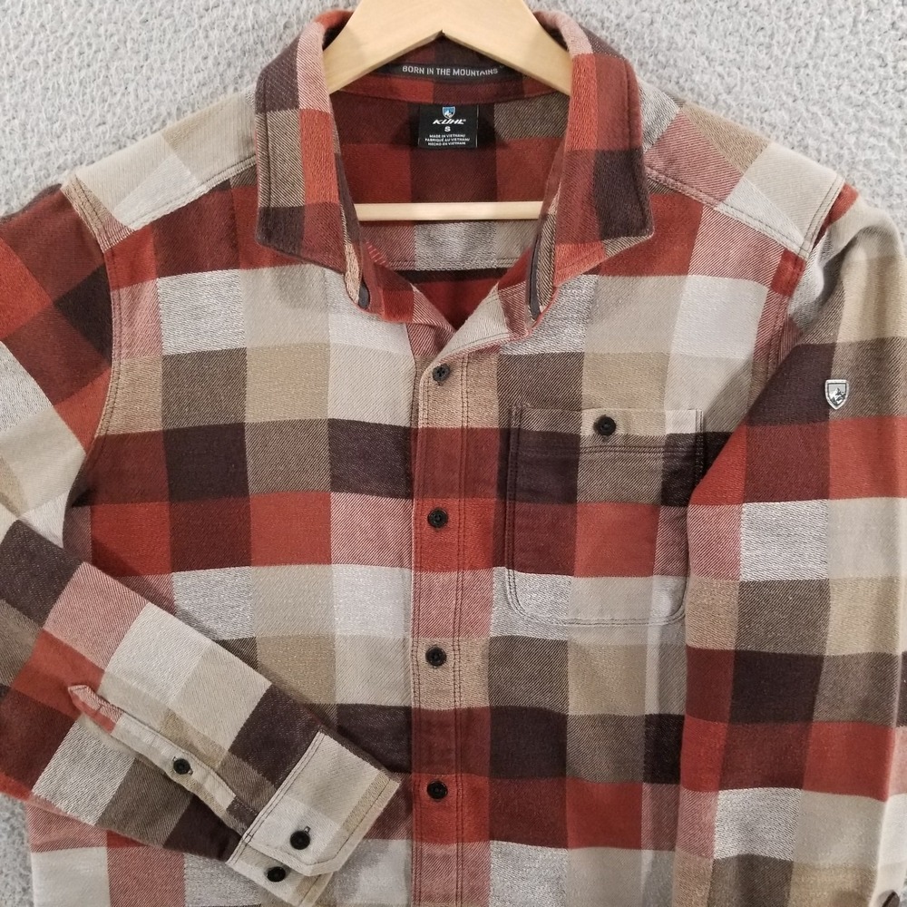 KUHL Shirt Mens Small Red Pixelatr Flannel Outdoor Hiking Plaid Performance